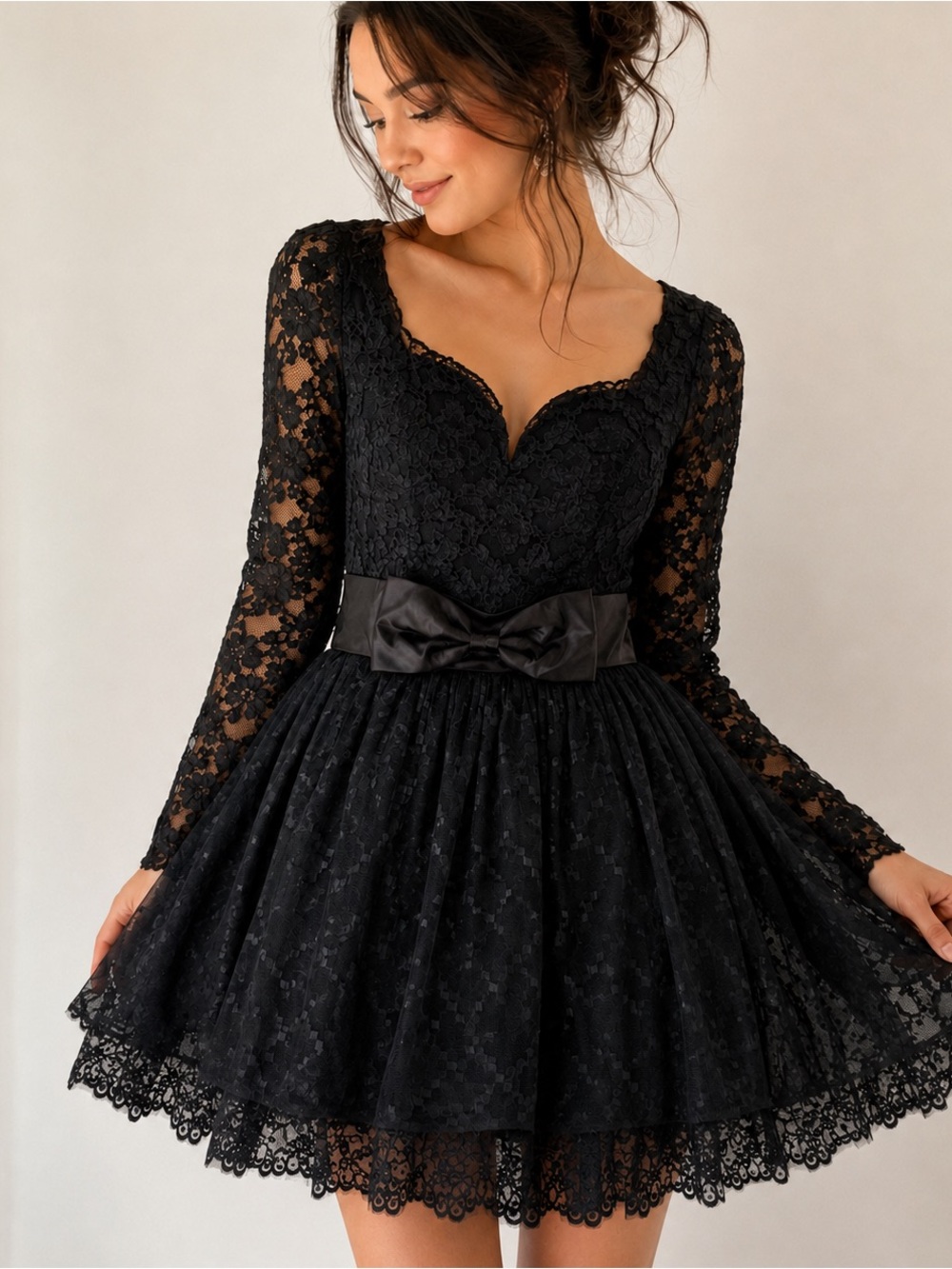 Vintage Jessica McClintock Gunne Sax Black Lace Bow Dress 9/10 80s Goth Prom